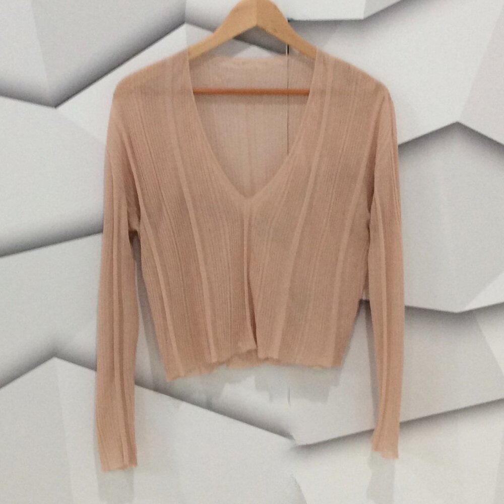 Ribbed Sheer V-Neck Long Sleeve Crop Top *BEIGE*